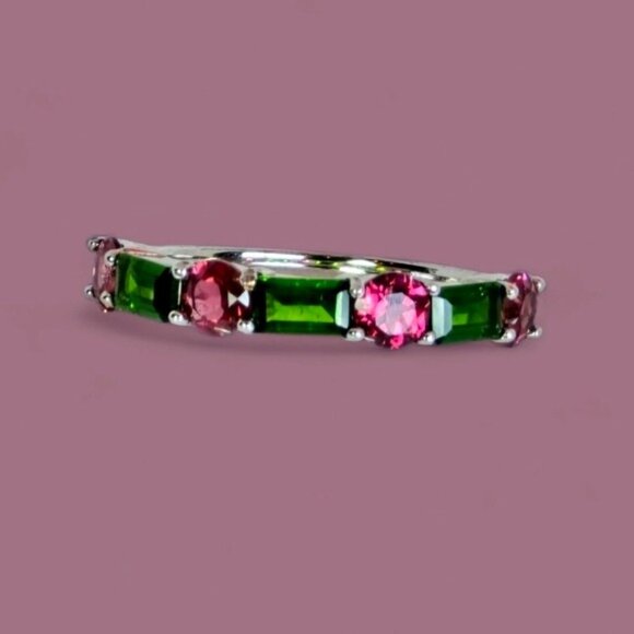 925 Sterling Silver Ring with Natural Chrome Diopside & Rhodolite Garnet Gems - Picture 7 of 7